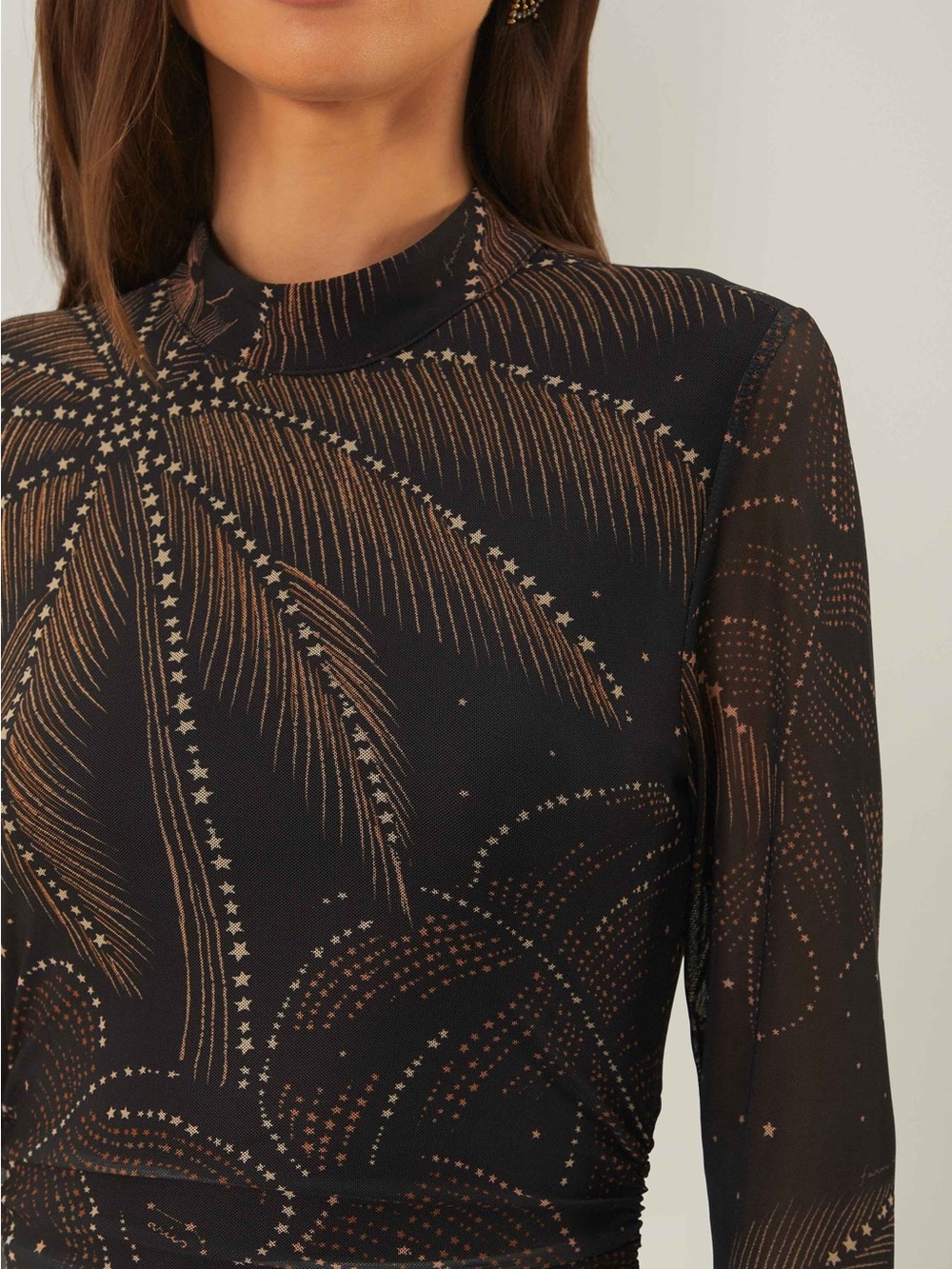 FARM Rio Black Golden Foliage Tulle Midi Dress - Stretch Mesh NWT - Size L - Picture 4 of 10